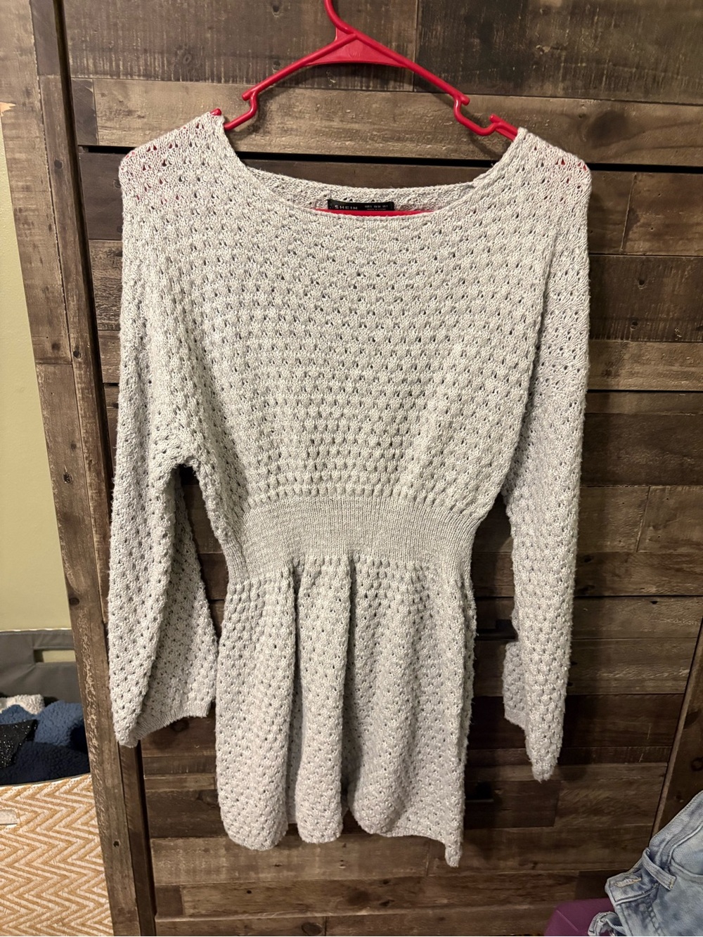 SHEIN Light Gray Textured Long-Sleeve Knit Dress